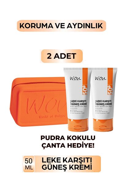 WOU World of Unique 2 Pack Anti-Blemish Sunscreen 50 ml Spf50/Powder Scented Makeup Bag
