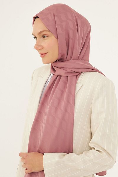 MİRSOY SCARF Dried Rose Jacquard Silky Patterned Shawl - Wave Pattern