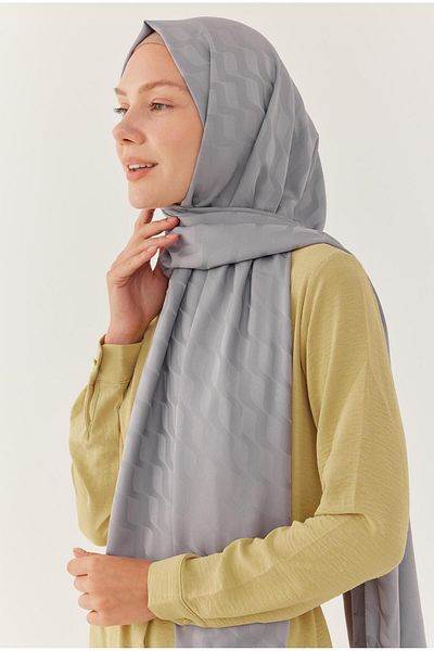 MİRSOY SCARF Gray Silky Jacquard Wave Pattern Shawl