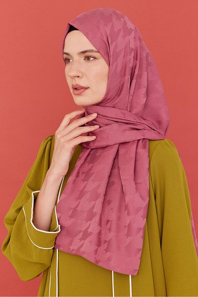 MİRSOY SCARF Dried Rose Patterned Silky Jacquard Shawl - Houndstooth