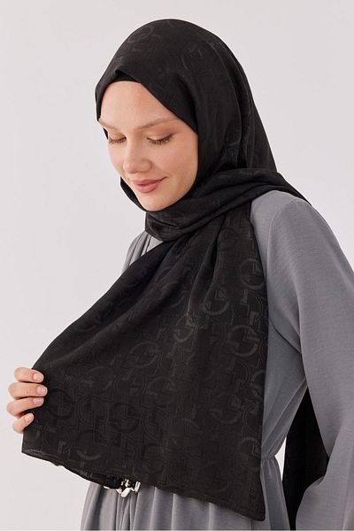 MİRSOY SCARF Shiny Jacquard Patterned Black Shawl - Daka