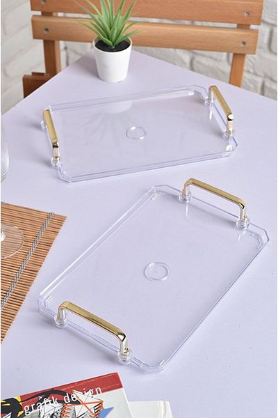 ŞURA MUTFAK Turkish Coffee Presentation Tray with Gold Handle |   Stylish Set of 2 25X17Cm