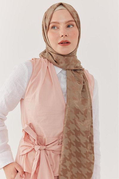 MİRSOY SCARF Shiny Jacquard Patterned Houndstooth Shawl - Mink