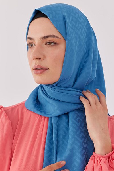 MİRSOY SCARF Şal jacquard mătăsos cu model Tetris albastru