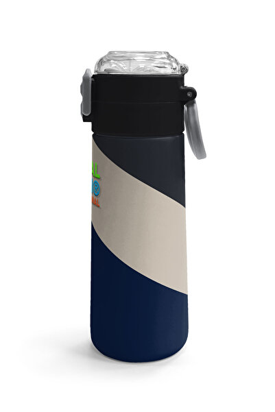 Coral High Kids Navy Blue Dark Gray Beige Patterned Straw and Direct Drinking Steel Thermos 500 ml 31893