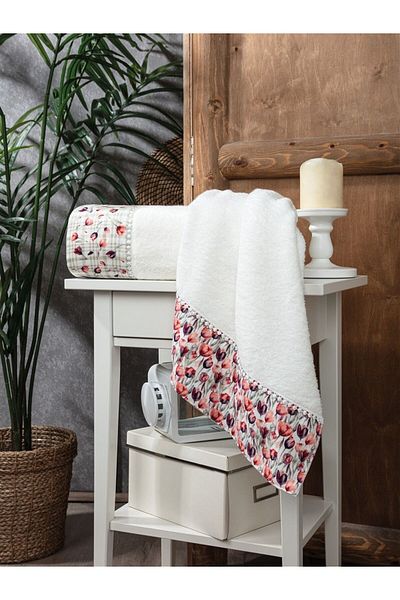 Sevim Set of 2 Bamboo Bath Towels - Tulip Printed Cotton Satin Towels - Super Absorbent - Tivoli - Tulipano
