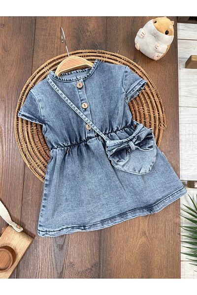 Adda Baby Denim Dress Heart Bag Detailed Front Buttoned Lycra Summer Baby Girl Suit