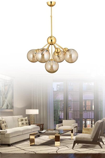 İstanbul Avize Larin 5'li Gold Sarı Glop Camlı Avize