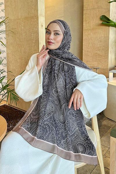 lamelif.com Памучен шал с ретро мотив, цвят тъмно кафе