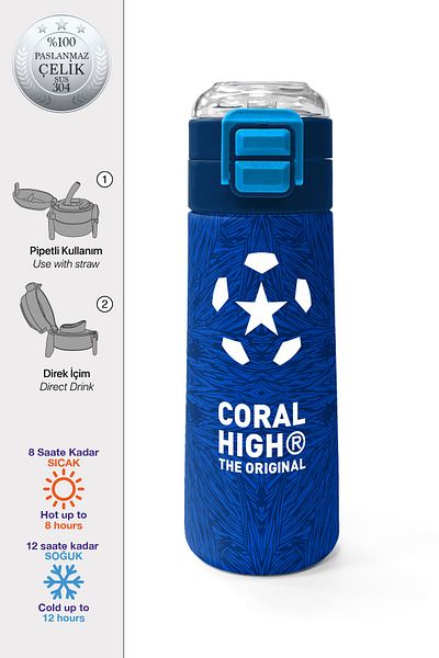 Coral High Kids Navy Blue Saks Football Patterned Straw and Direct Drinking Steel Thermos 500 ml 31897