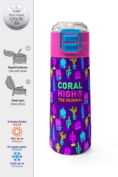 Coral High Kids Purple Pink Cactus Patterned Straw and Direct Drinking Steel Thermos 500 ml 31899