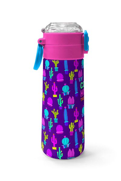Coral High Kids Purple Pink Cactus Patterned Straw and Direct Drinking Steel Thermos 500 ml 31899