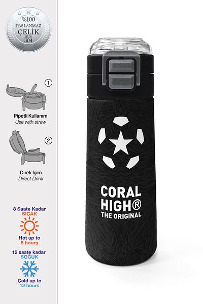Coral High Kids Black Football Patterned Steel Thermos with Straw and Direct Drinking 500 ml 31898