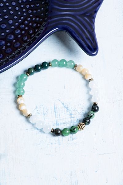 Deniz Doğal Taş Certified Anyolite Aquamarine Aventurine Bloodstone Hematite Cancer Bracelet
