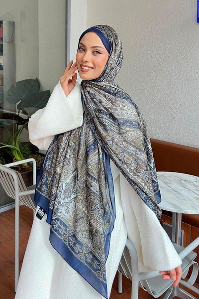 lamelif.com Şal retro din bumbac albastru bleumarin verde ulei - cu model
