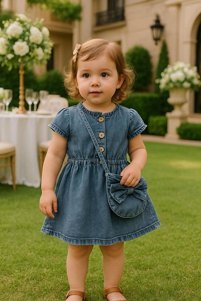 Adda Baby Denim Dress Heart Bag Detailed Front Buttoned Lycra Summer Baby Girl Suit