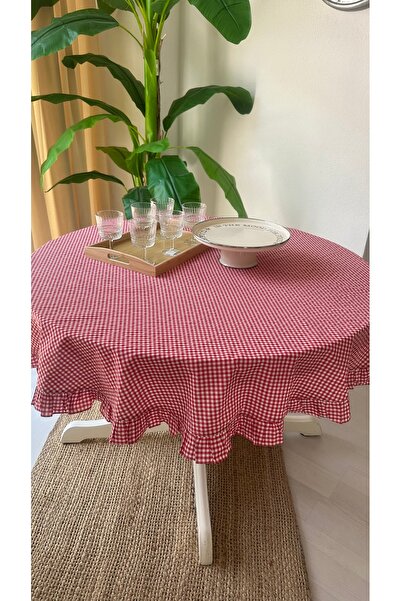 Decamor home Thin Linen Fabric Red Mini Gingham Frilly Round Tablecloth