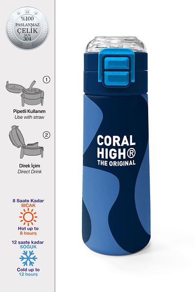 Coral High Kids Navy Blue Patterned Steel Thermos with Straw and Direct Drinking 500 ml 31888