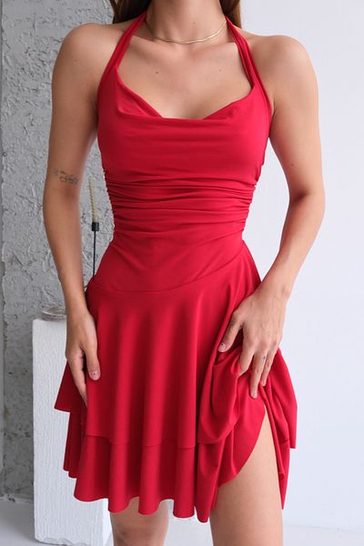 STANVİA Red pleated dress with neck tie and degaje collar