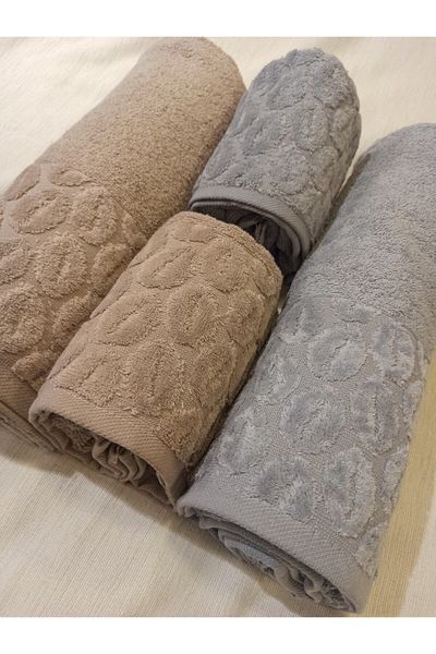 ŞENER HOME Σετ 4 τεμαχίων Bade Bath, Πετσέτα μπάνιου και κεφαλιού - Καφέ & γκρι