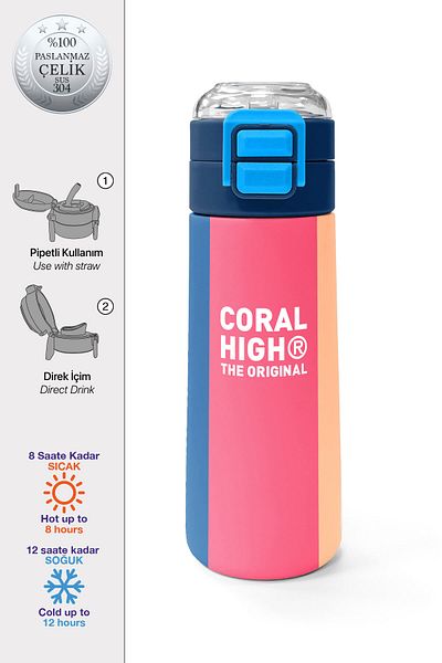Coral High Kids Colorful Striped Patterned Straw and Direct Drinking Steel Thermos 500 ml 31879