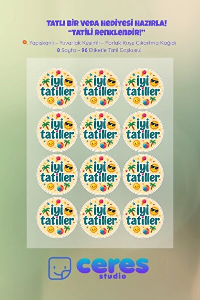 Ceres Studio İyi Tatiller Sticker Seti İ7 - 96 Adet Yuvarlak Etiket | Yapışka...