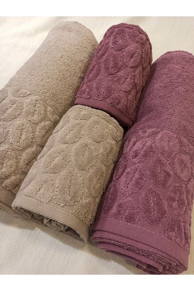 ŞENER HOME Σετ 4 τεμαχίων Bade Bath, Πετσέτα μπάνιου και κεφαλιού - Dusty Rose & Brown
