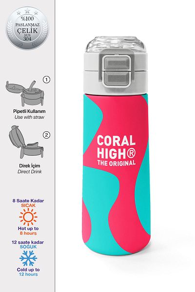 Coral High Kids Neon Coral Orange Patterned Steel Thermos with Straw and Direct Drinking 500 ml 31885