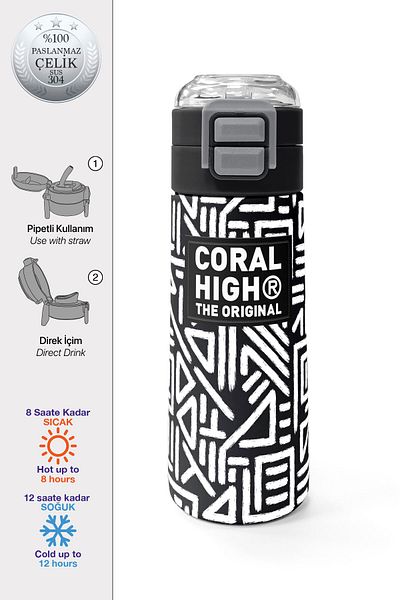 Coral High Kids Black and White Geometric Patterned Steel Thermos with Straw and Direct Drinking 500 ml 31882