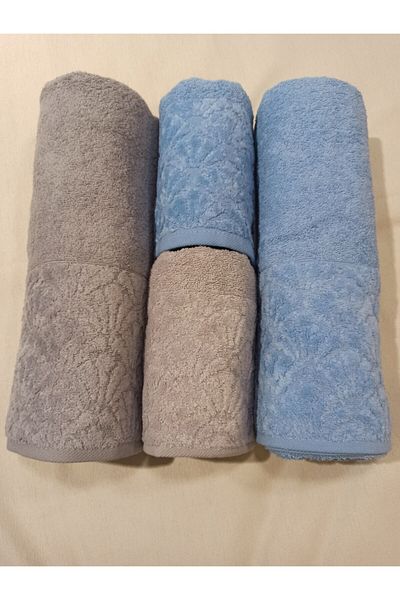 ŞENER HOME Set de baie Bade din 4 piese, prosop de baie și prosop de cap - albastru și gri
