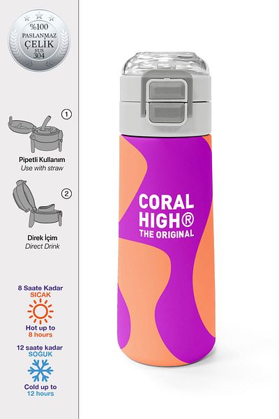 Coral High Kids Dark Pink Orange Patterned Straw and Direct Drinking Steel Thermos 500 ml 31884
