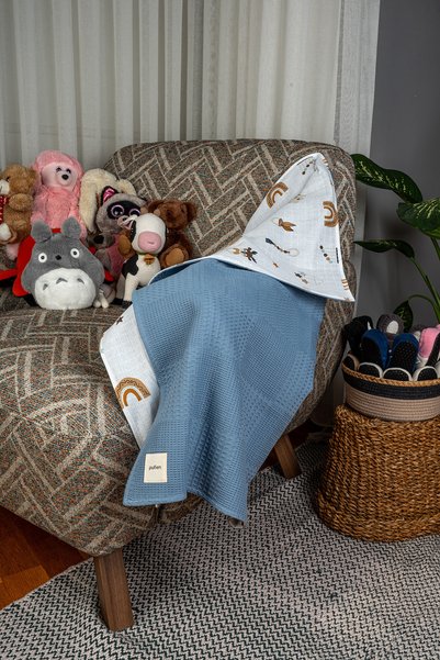 pufien 90X90 Indigo Waffle Pique and Muslin Patterned Reversible Multi-Purpose Cover & Blanket
