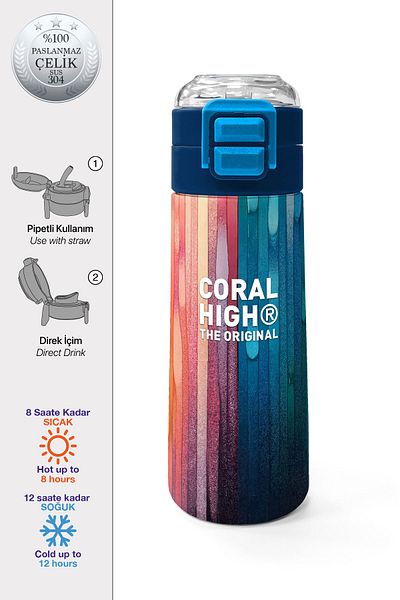 Coral High Kids Navy Blue Colored Striped Patterned Straw and Direct Drinking Steel Thermos 500 ml 31890