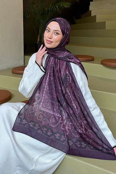 lamelif.com Βαμβακερό σάλι με ρετρό σχέδιο Bitter Purple Dark Maroon
