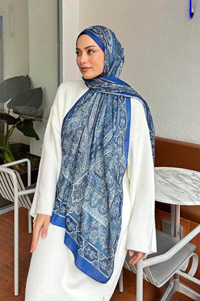 lamelif.com Retro Desen Pamuk Şal İndigo Çiçek