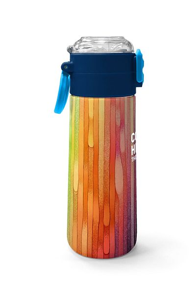 Coral High Kids Navy Blue Colored Striped Patterned Straw and Direct Drinking Steel Thermos 500 ml 31890