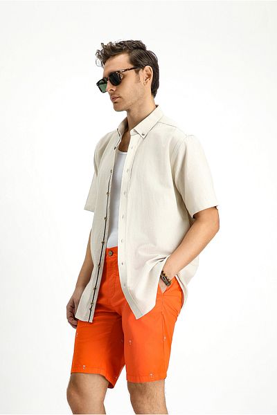 Kiğılı Short Sleeve Regular Fit Button Collar Linen Look Cotton Sports Shirt