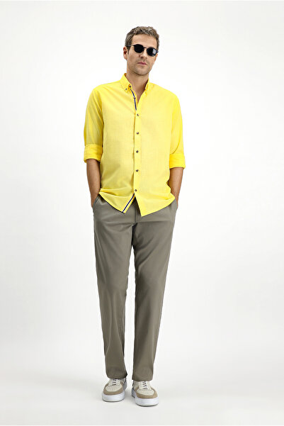 Kiğılı Uzun Kol Regular Fit Düğmeli Yaka Keten Görünümlü Spor Pamuk Gömlek