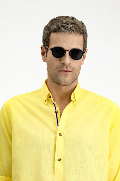 Kiğılı Uzun Kol Regular Fit Düğmeli Yaka Keten Görünümlü Spor Pamuk Gömlek