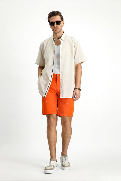 Kiğılı Short Sleeve Regular Fit Button Collar Linen Look Cotton Sports Shirt