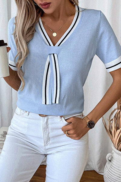 TRQOM Bluză pentru femei Sailor Model cu decolteu în V în stil colegiu cu dungi în stil polo, albastru bebeluș