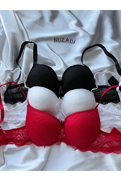 Nuzabi Scarlett 3'lü Siyah-Beyaz-Kırmızı Dantel Balenli Dolgulu Sütyen