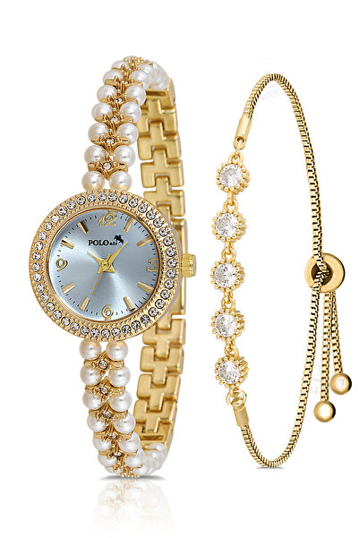 Polo Air İnci Taşlı Görünümlü Kadın Kol Saati Zirkon Taşlı 5 Taş Bileklik Kombin Gold Mavi Renk PL-1528B7