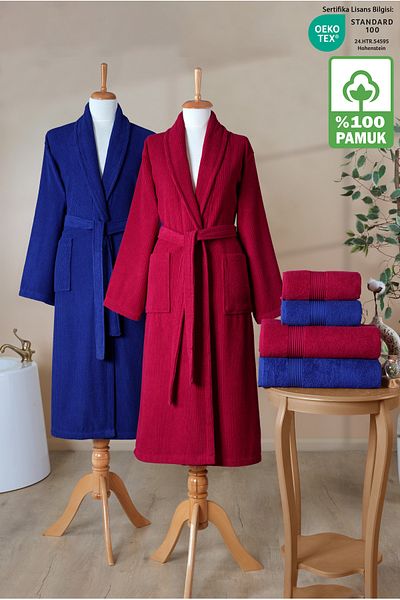 Ellaline Σετ μπουρνούζι 6 τεμαχίων ριγέ 100% βαμβάκι Πιστοποιημένο οικογενειακό σετ μπουρνούζι με πετσέτες Σετ προίκας Navy Blue Claret Red