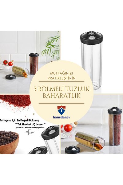 Hanedanev 3 Compartment Salt and Spice Container One Movement Three Flavors Practical and Quick Use 3 in 1 Use