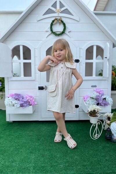 Minipodyum Kız Bebek Yakası Nakışlı Çantalı Bayramlık Keten Elbise