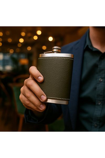 PERLOTUS 8 oz 235 Cc Khaki Green Handmade Leather Case Steel Whiskey Pocket Flask with Funnel