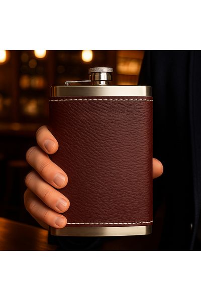 PERLOTUS 8 oz 235 Cc Steel Whiskey Drinking Flask with Funnel Red Brown Genuine Leather Case