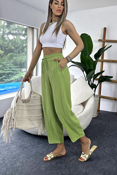 Nana & Mayka Moda Kadın Şalvar Pantolon Cepli – Yazlık Ince Gofre Kumaş, Tiril Tiril, Rahat Fıstık Yeşil