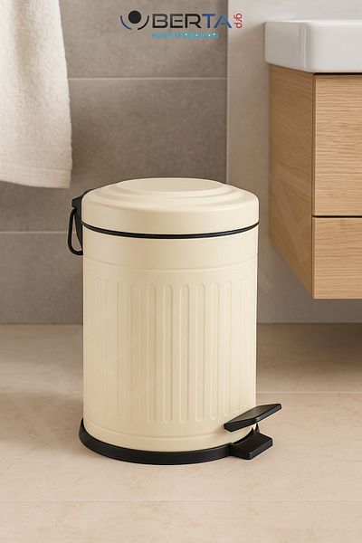 Berta Hijyen Vintage Cream Trash Can with Shock Absorber Lid Striped Luxury Model 5Lt